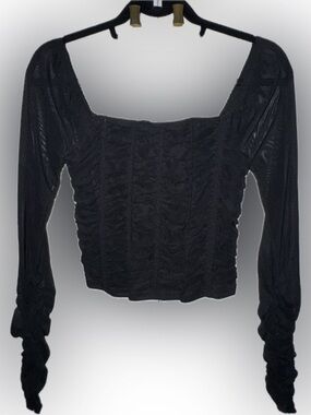 Black Mesh Sheer Ruched Long-Sleeve Square Neck Women's Top Bustier Corset